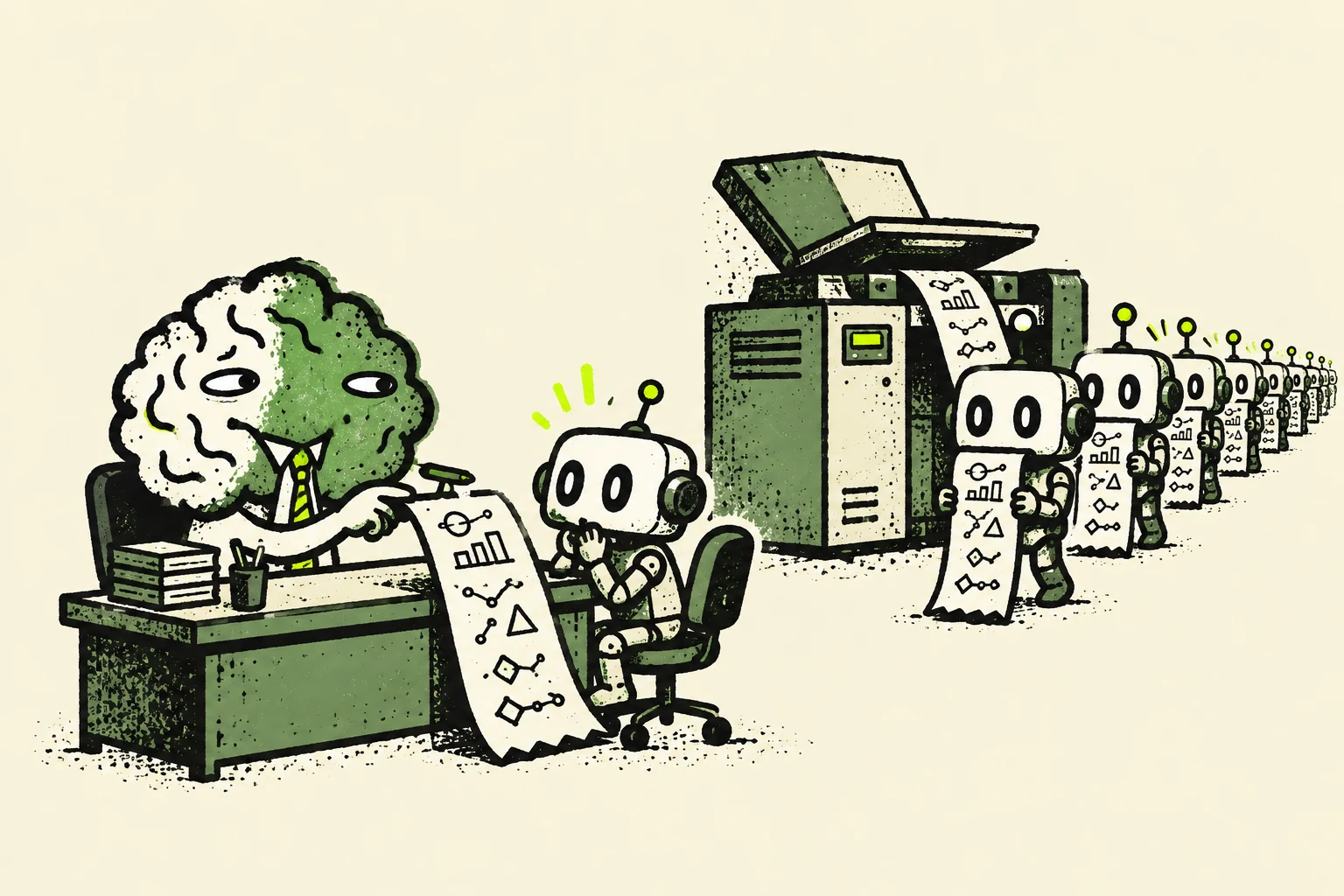 Original illustration: a brain teaches a robot at a desk while a copier produces a queue of robots carrying the same lessons.